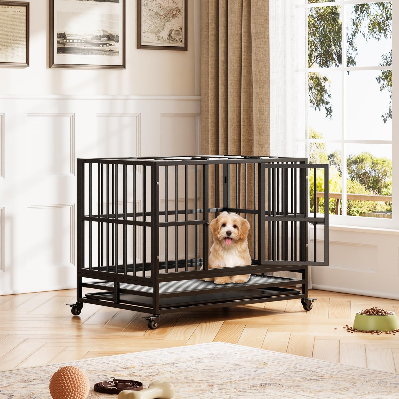 Garvee Heavy Duty Dog Crate 37 pollici con doppia porta, ruote girevoli a 360°, metallo, pieghevole, per cani di piccola e grande taglia, per interni