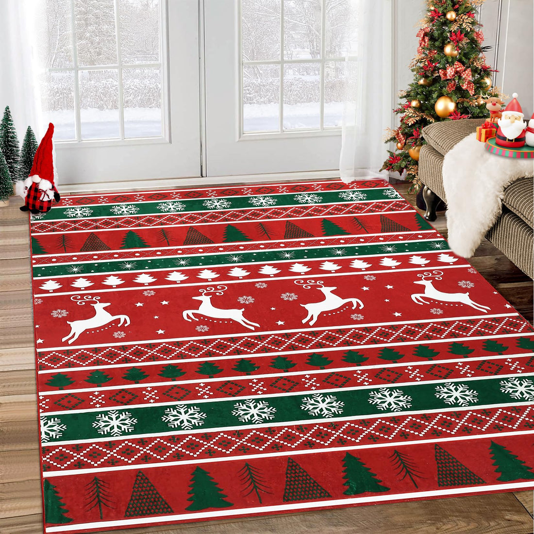 Tappetino natalizio Garvee grande Boho, lavabile in lavatrice, motivo albero di Natale e alce, materiale morbido, antiscivolo, 160x230 cm, soggiorno e camera da letto