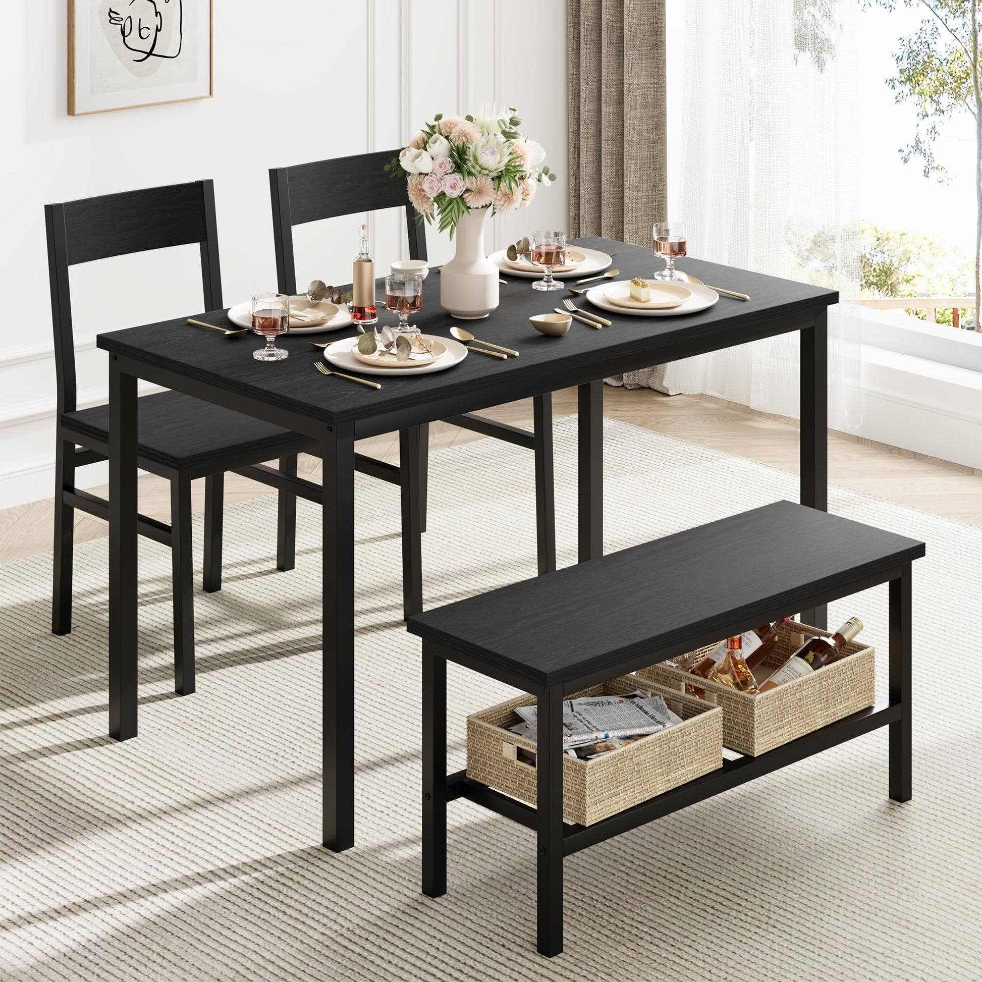 Set da pranzo Garvee per 4 persone con panca e sedie, salvaspazio, con contenitore, MDF e acciaio, robusto, nero, piccoli appartamenti