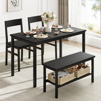 Set da pranzo Garvee per 4 persone con panca e sedie, salvaspazio, con contenitore, MDF e acciaio, robusto, nero, piccoli appartamenti