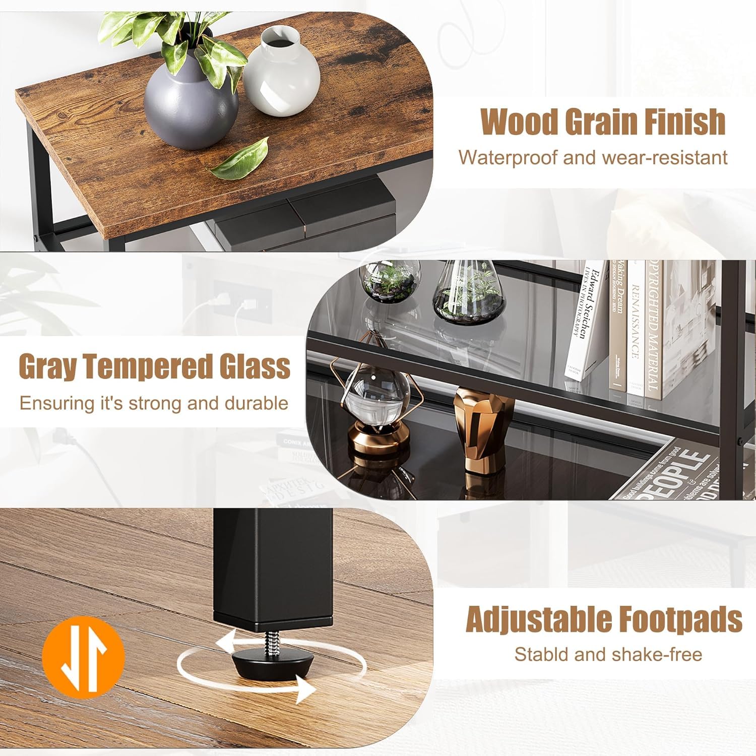 Tavolo consolle Garvee, 4 ripiani con ripiano in vetro e struttura in metallo per corridoio e soggiorno, 39,4" x 11,8" x 29,5", grigio rustico