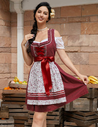 Garvee Abito tradizionale da donna Dirndl Midi Borgogna Floreale Taglia 34 - Set tre pezzi Abito Camicetta Grembiule per l'Oktoberfest