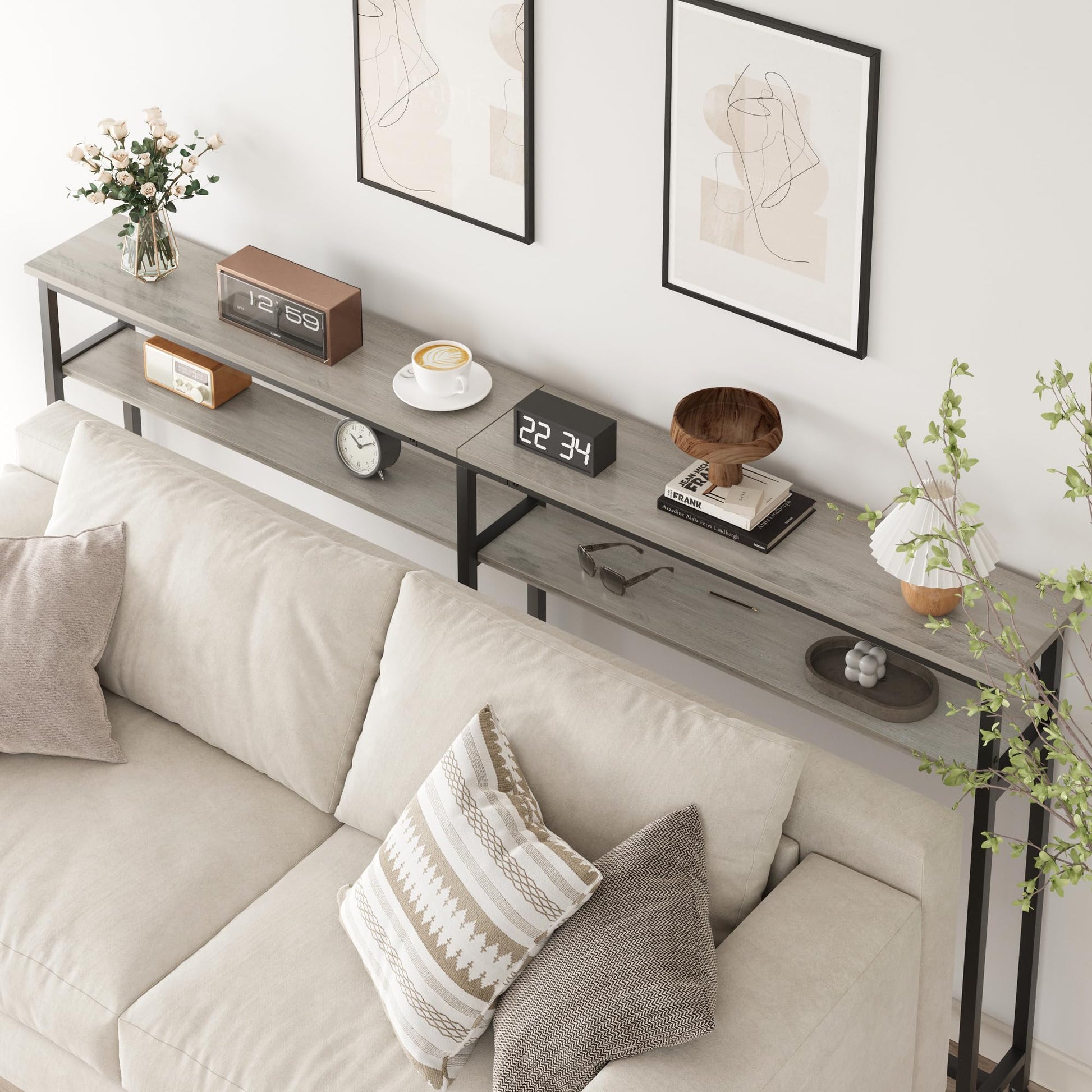 GARVEE Tavolo consolle stretto 180x23x100 cm, 2 ripiani, spazio di archiviazione, legno, extra lungo, grigio, per corridoio e soggiorno