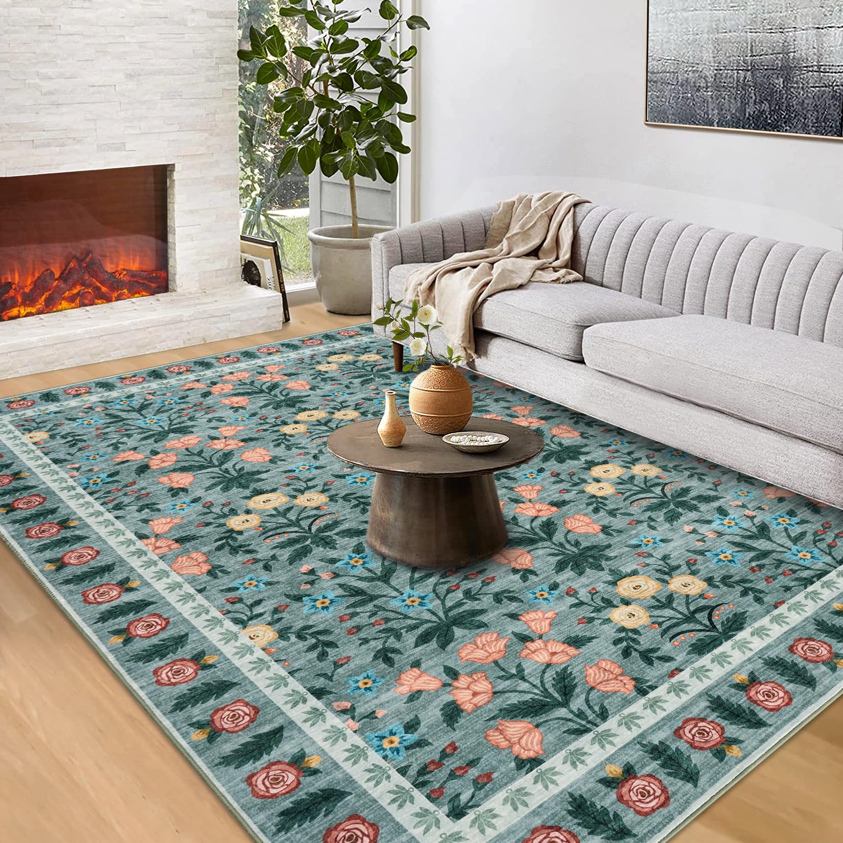 Tappeto decorativo Garvee per interni Boho, 200x290 cm, grande, antiscivolo, nero, a pelo corto, con motivo floreale, per soggiorno, cameretta dei bambini, sala giochi