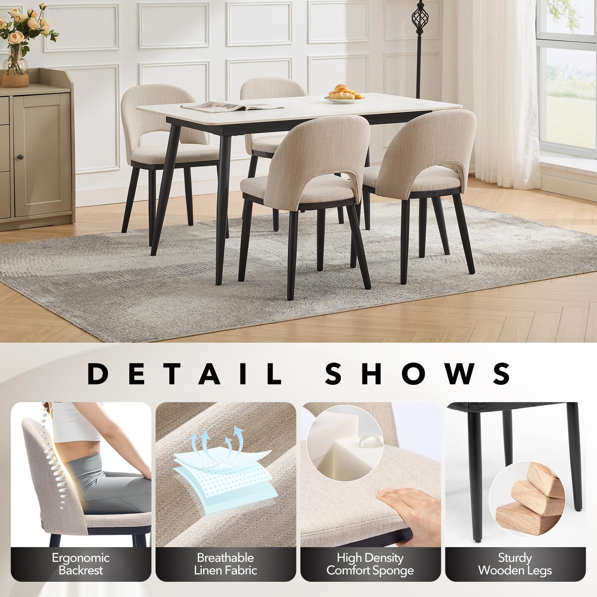 Set di 2 sedie da pranzo in legno Garvee, moderne, imbottite, schienale alto, in tessuto, robuste, comode, beige, per cucina e bar, 46 cm di profondità x 52 cm di larghezza x 77 cm di altezza