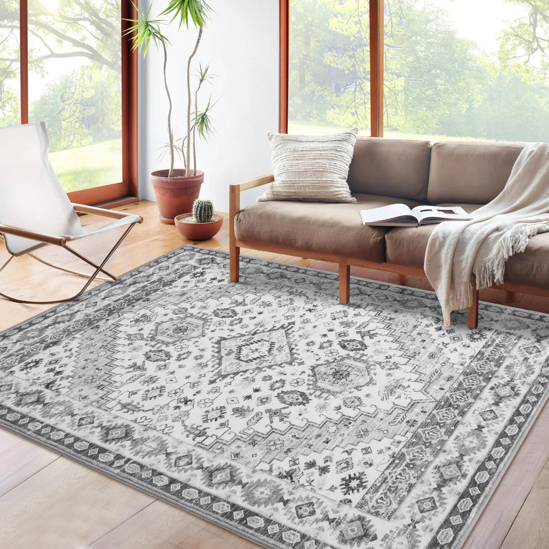 Tappeto tradizionale in stile bohémien GARVEE, lavabile, antiscivolo, morbido, antimacchia, pieghevole, 80x150 cm, grigio, soggiorno