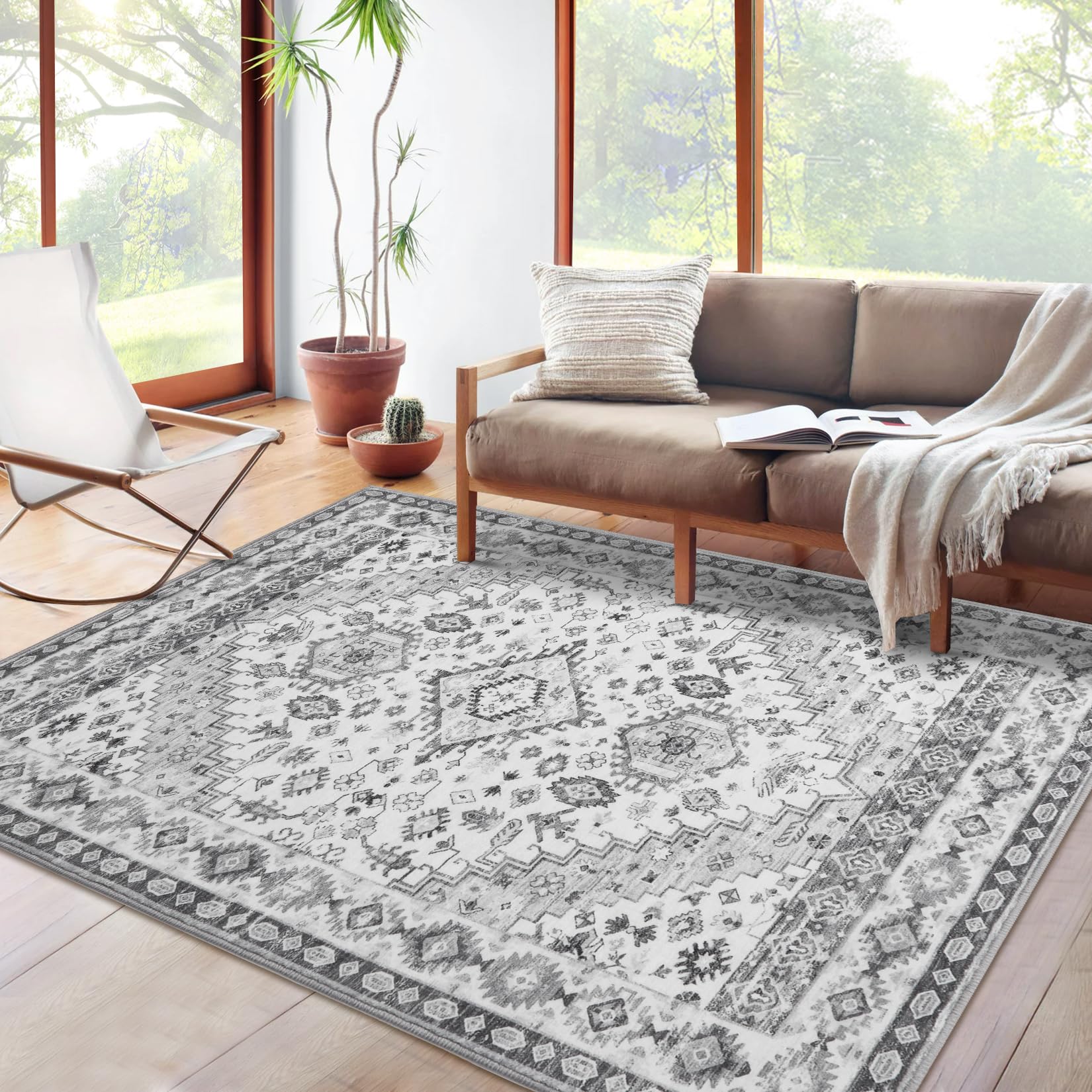 Tappeto tradizionale in stile bohémien GARVEE, lavabile, antiscivolo, morbido, antimacchia, pieghevole, 80x150 cm, grigio, soggiorno