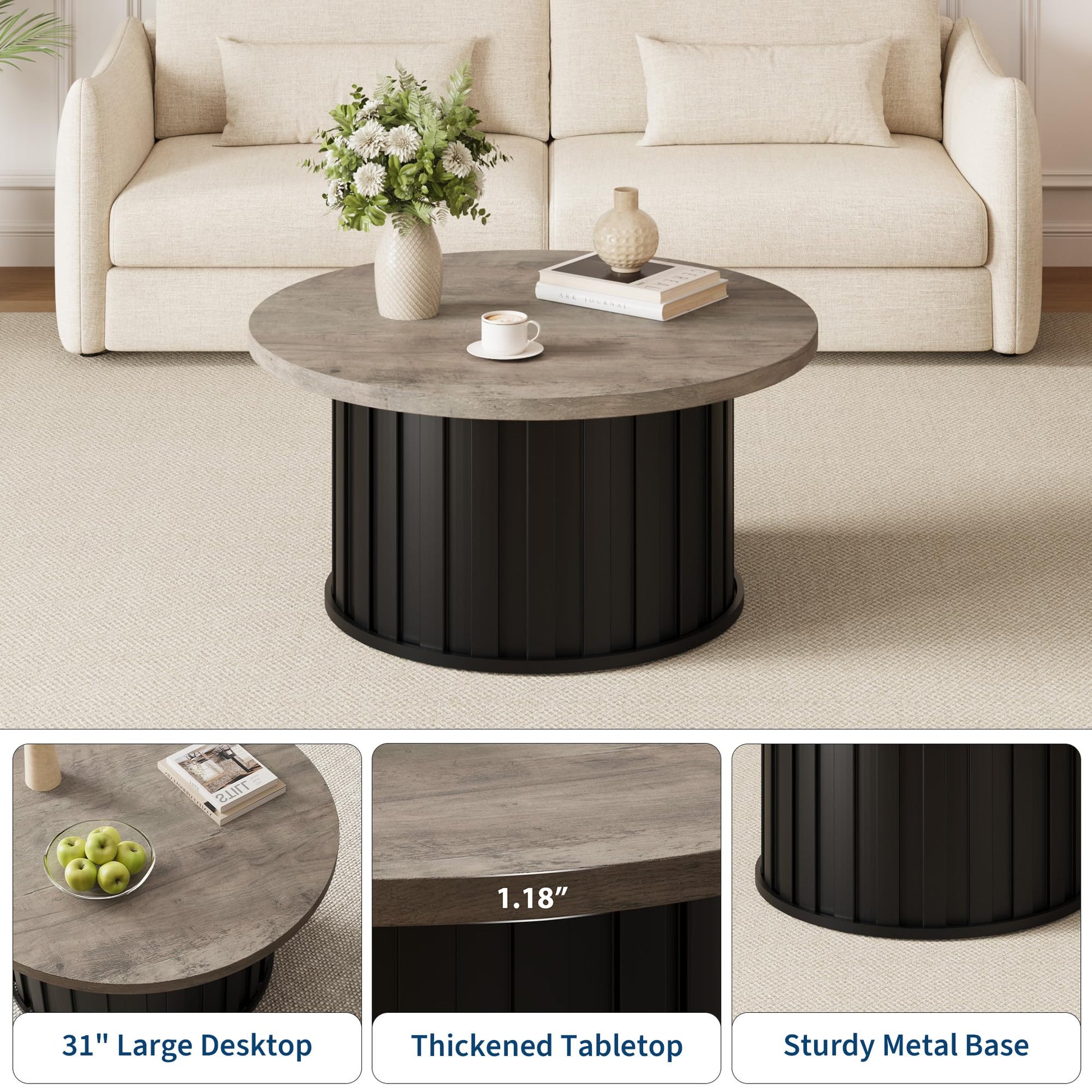 Tavolino da caffè rotondo Garvee, stile moderno di metà secolo, con struttura in metallo, piano scanalato da 31,9 pollici, in MDF nero, per soggiorno e appartamento