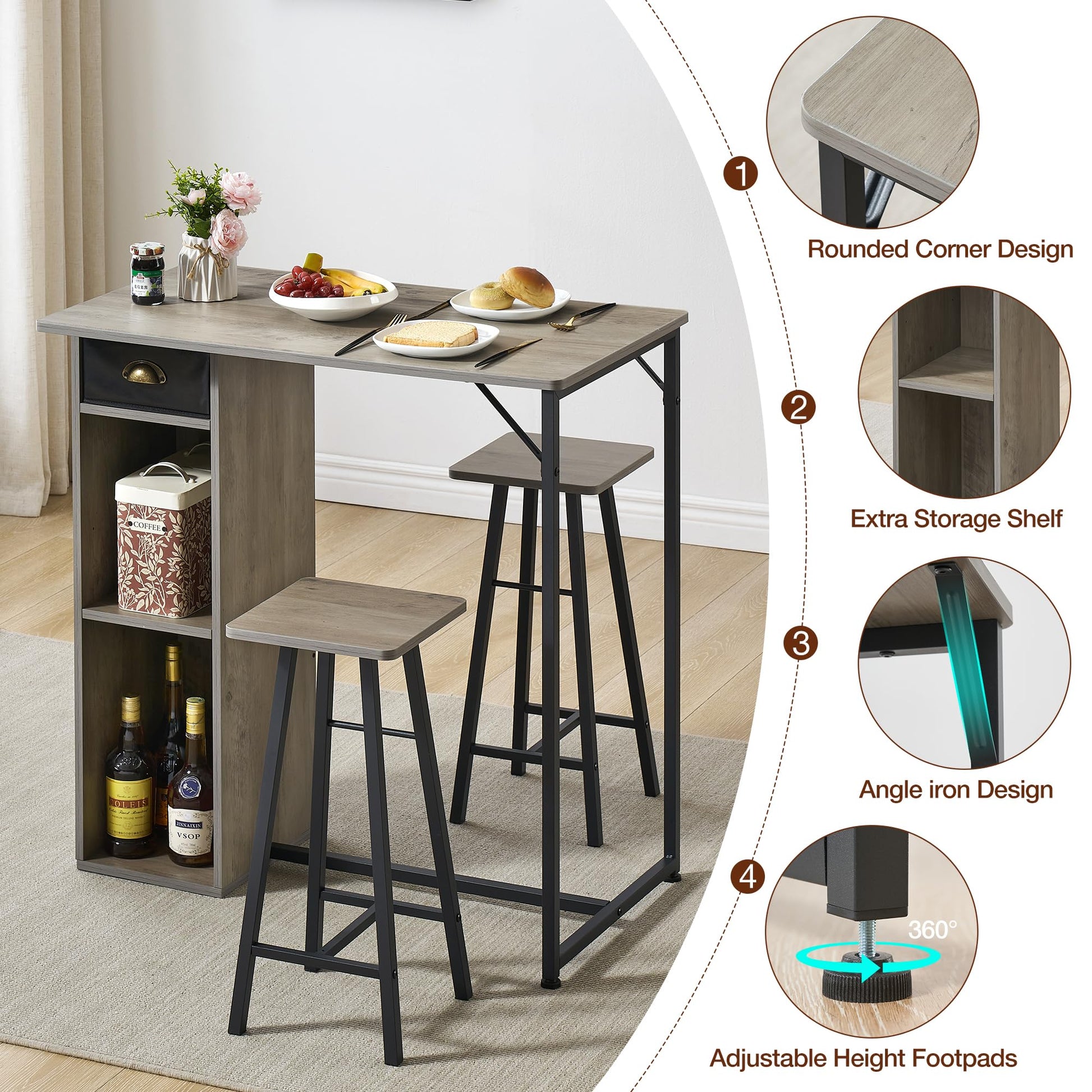 Set tavolo e sedie da bar rustico Garvee, 3 pezzi con contenitore, cuscini ergonomici, struttura in metallo per appartamento e bar, compatto, impermeabile