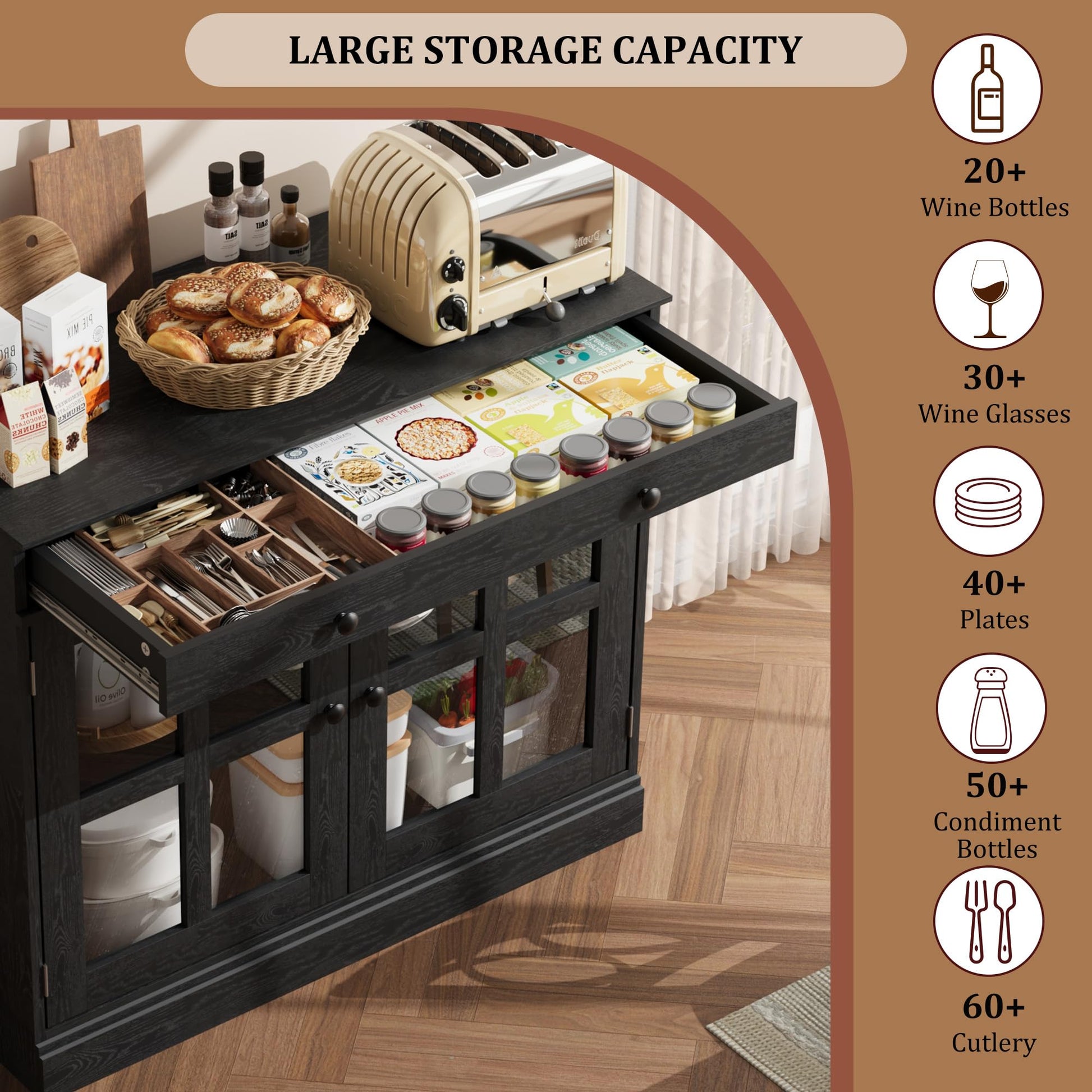 Credenza Garvee da 35,4" con anta in vetro, ripiani regolabili, chiusura ammortizzata, legno, nero, moderna per sala da pranzo e cucina