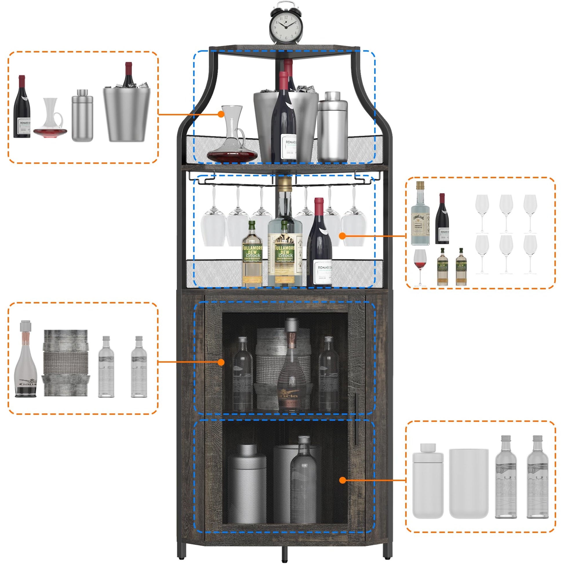 Mobiletto angolare Garvee, 5 ripiani con portabottiglie, portabicchieri, portaoggetti per soggiorno e cucina, 47 x 45 x 152 cm, grigio, salvaspazio, robusto