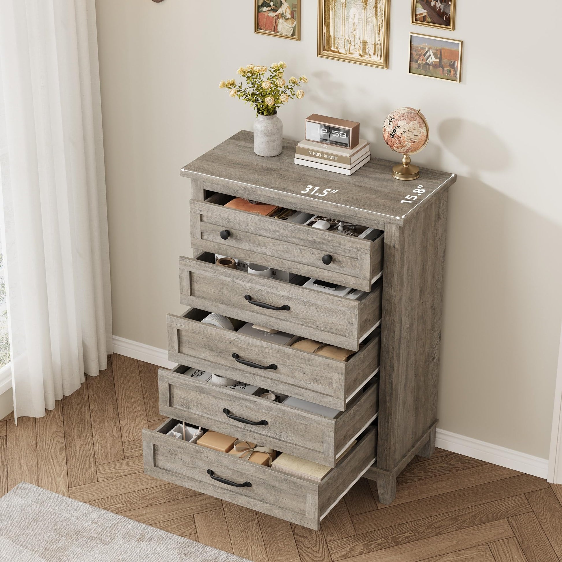 Cassettiera Garvee a 5 cassetti con ampio spazio di archiviazione, in legno MDF, tavolo impermeabile per camera da letto e soggiorno, 31,5x15,8x41,3 pollici, colore naturale