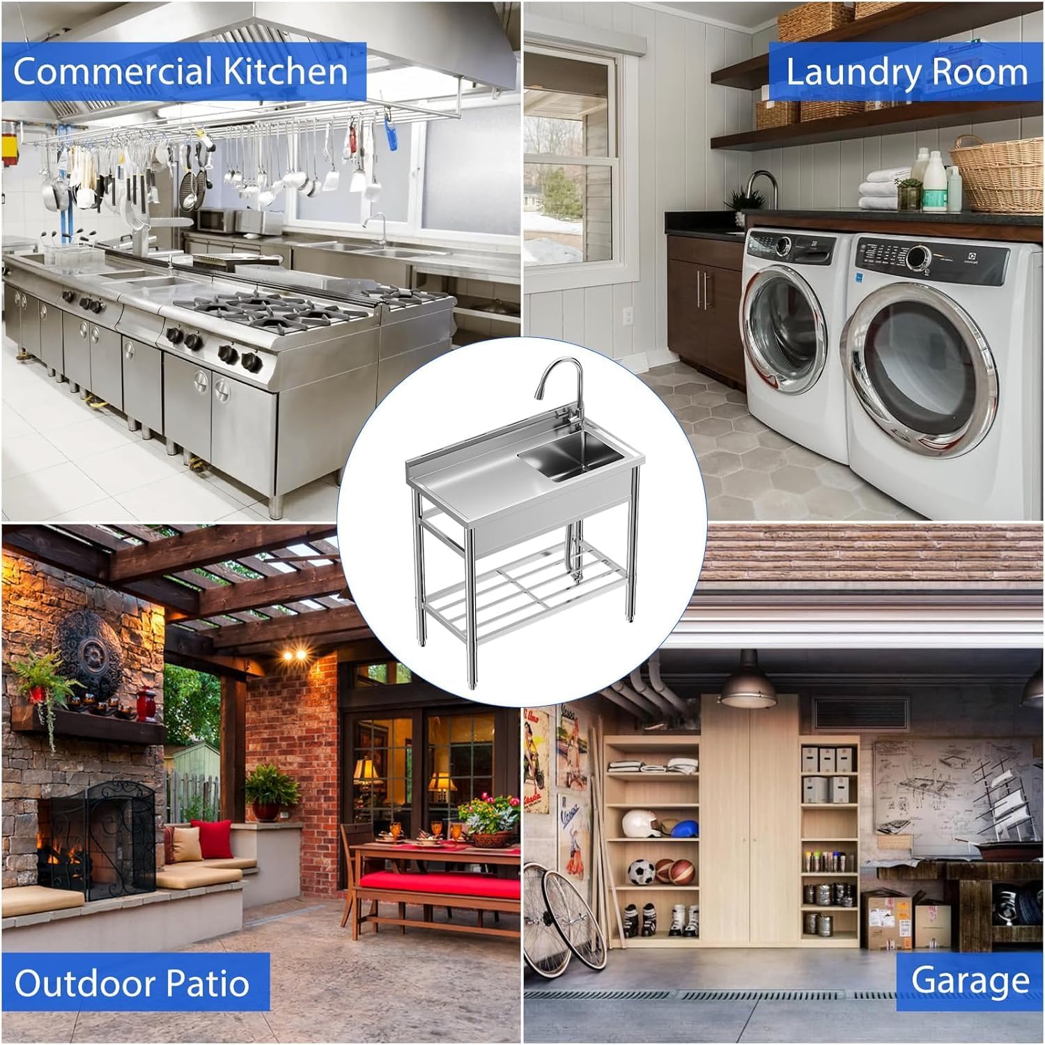 Lavello Garvee da 39 pollici in acciaio inossidabile, rubinetto da cucina indipendente per garage, banco da lavoro, lavello antiruggine in acciaio 304