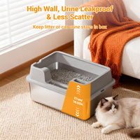 Garvee, grande lettiera per gatti in acciaio inox da 36 litri, semi-chiusa, con tappetino antiscivolo e paletta per lettiera, per famiglie con più gatti, 60x40x27 cm, grigio