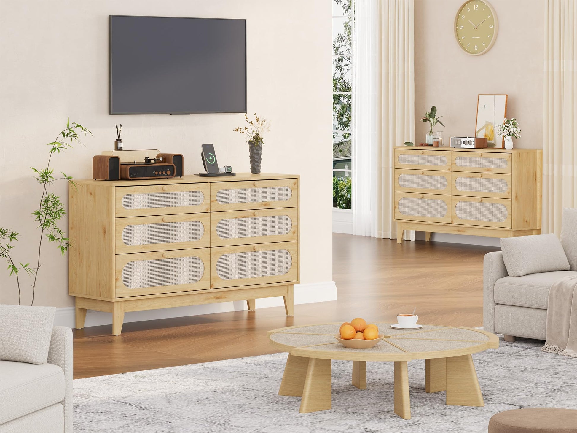 Cassettiera in rattan Garvee con 6 cassetti, porte USB, legno naturale, stile boho, camera da letto e soggiorno, 52,1"L x 31,2"A, colore naturale