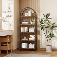 Libreria Garvee a 5 ripiani con struttura in metallo arcuato, moderno scaffale in legno, ampio spazio di archiviazione per soggiorno e ufficio