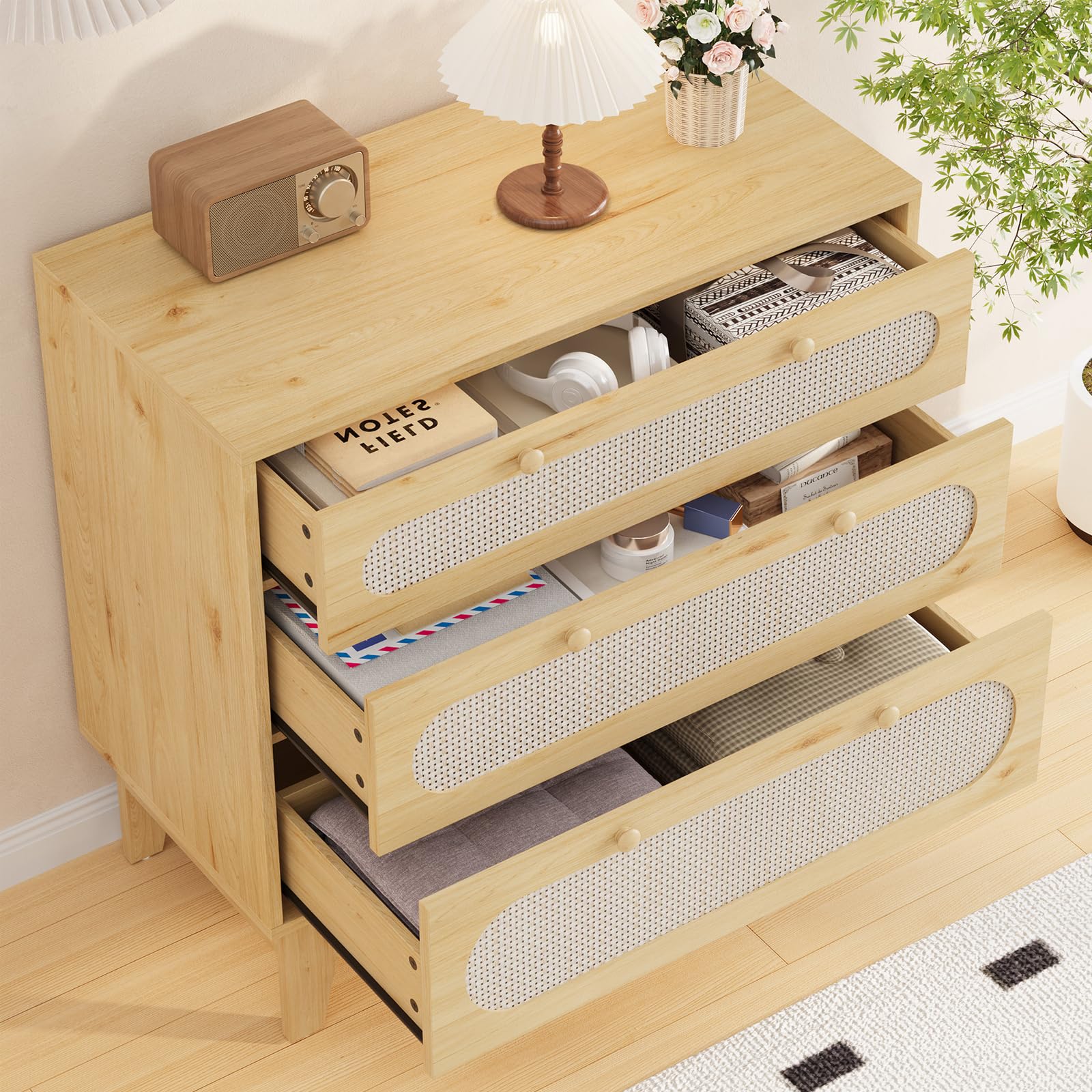 Cassettiera Garvee a 3 cassetti, in legno e rattan, design moderno, soggiorno e camera da letto, rovere chiaro, robusta e versatile