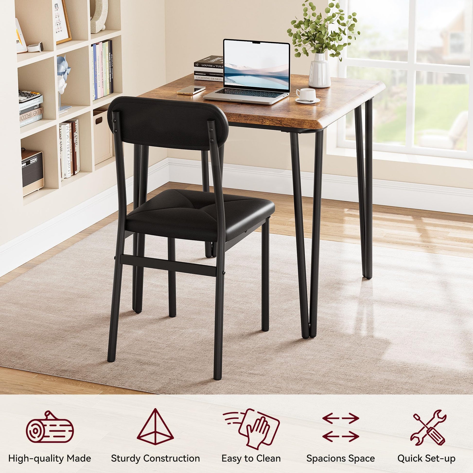 Set da pranzo Garvee per 2 persone con sedie imbottite, tavolo in MDF vintage, struttura in metallo robusto, salvaspazio, per cucina e stanze piccole, grigio/nero