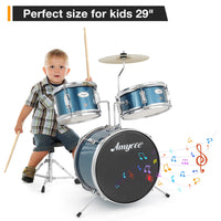 Batteria Garvee da 3 pezzi per principianti con Basso da 14", Tom da 10", blu, legno, sgabello incluso, ideale per bambini