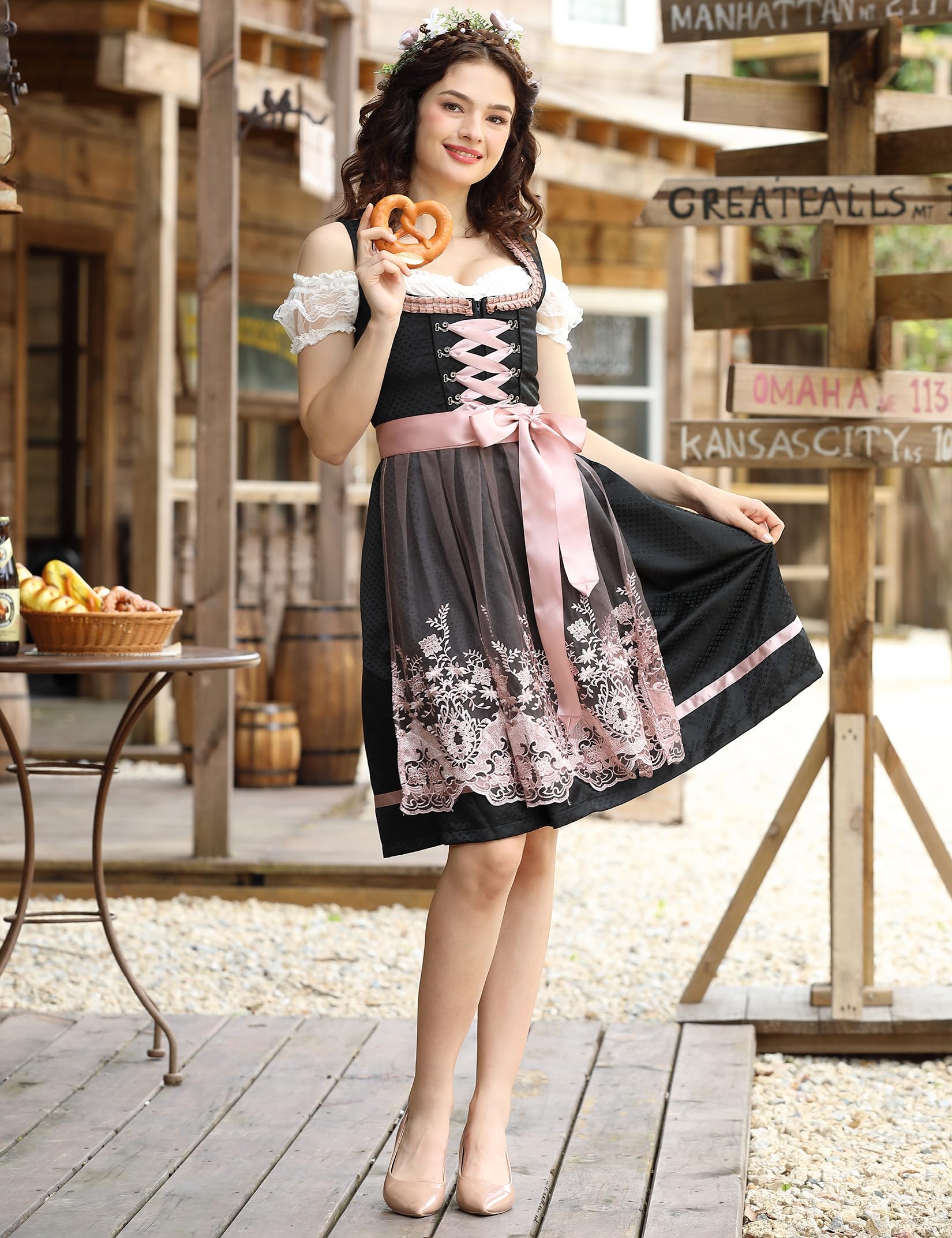 Garvee Dirndl, abito tradizionale midi da donna, set completo da 3 pezzi per l'Oktoberfest e le feste popolari, taglie 34-48, nero, 44