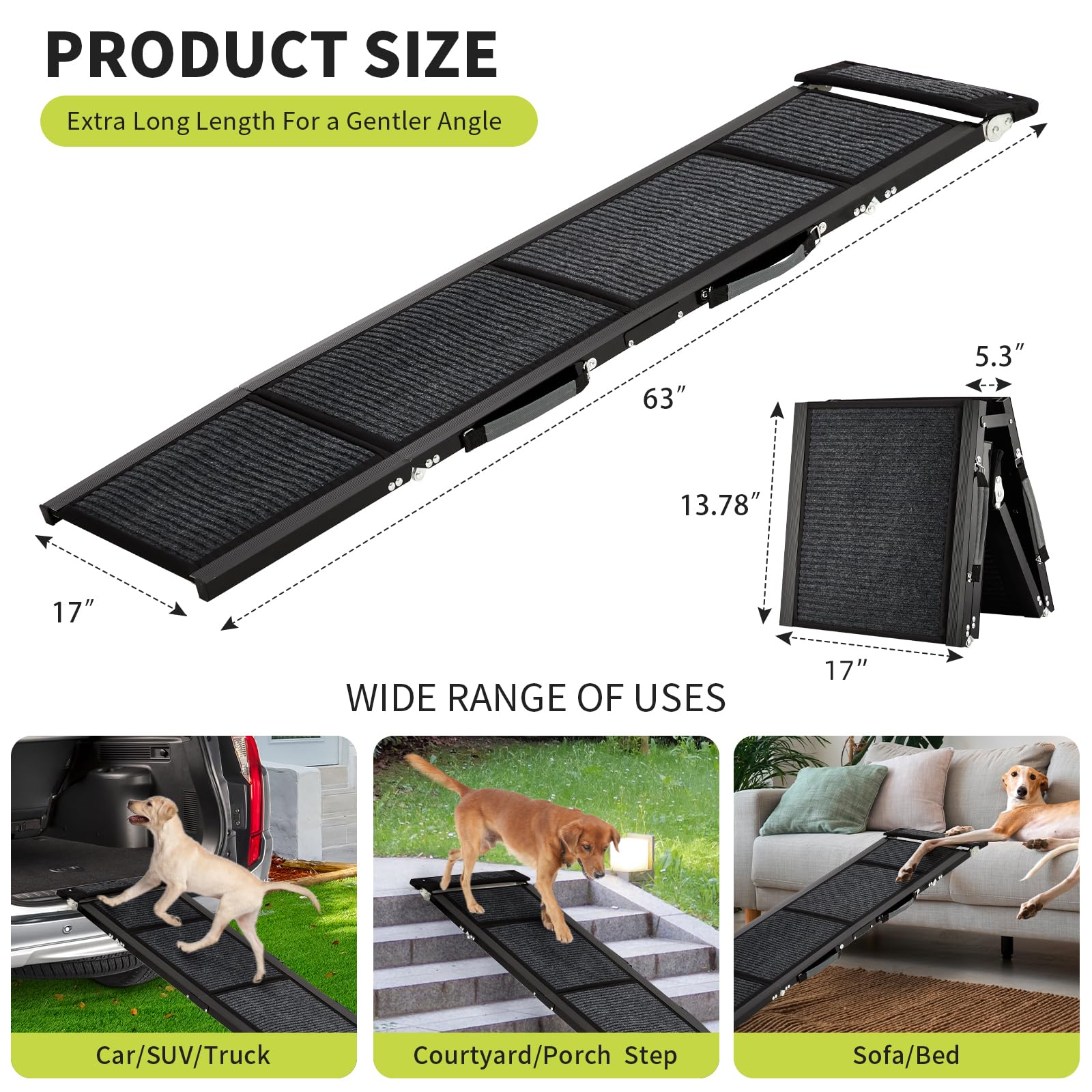 Rampa per cani Garvee per auto 63"x17" pieghevole antiscivolo in alluminio leggera e stabile per SUV e camion da viaggio all'aperto, nera