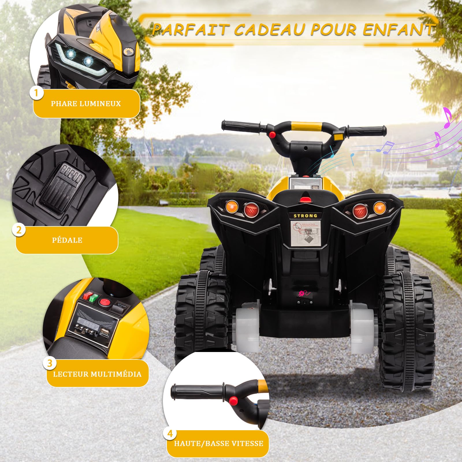 Garvee Kids Quad Giallo 83x53x56cm LED Musica Telecomando – Quad elettrico per bambini dai 3 anni in su con illuminazione e telecomando per genitori per giardino e parco giochi.