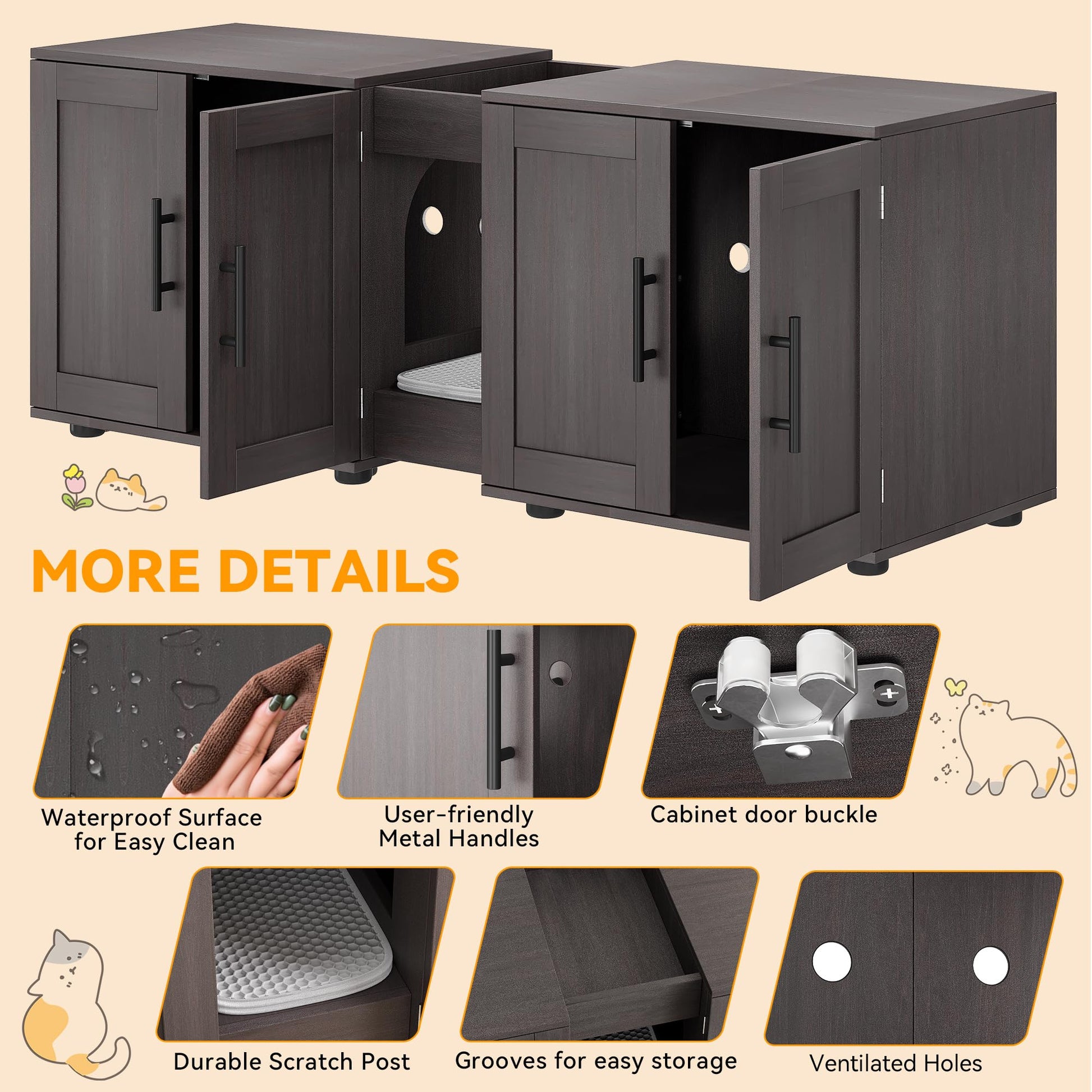 Garvee Lettiera per gatti con doppio scomparto, in legno, noce, per 2 gatti, soggiorno, spaziosa e inodore