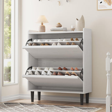 Scarpiera Garvee con 2 cassetti a scomparsa, ripiano regolabile, legno MDF per corridoio e soggiorno, bianco, ampio spazio di archiviazione, antiribaltamento