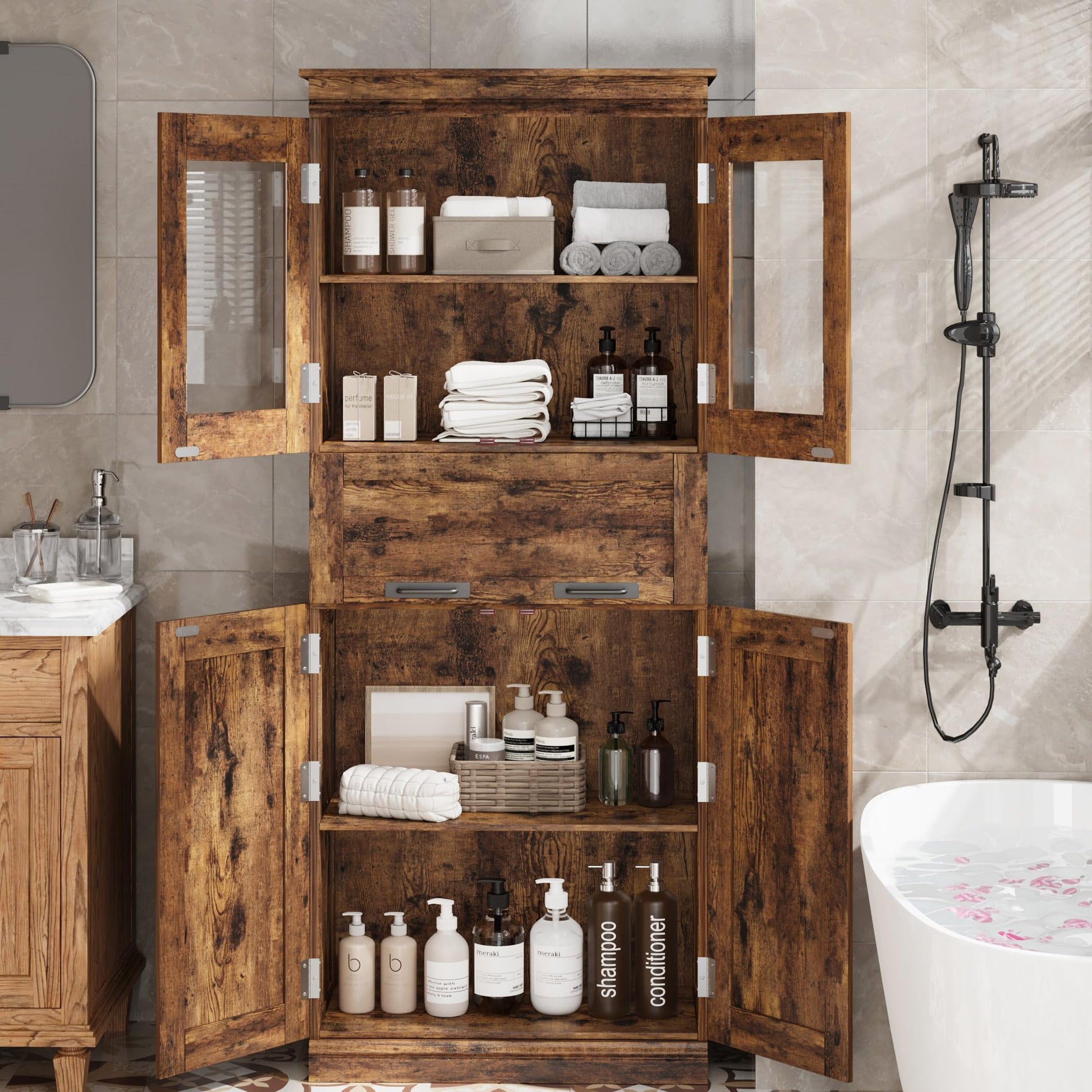 Mobiletto da bagno alto Garvee da 67" con 4 ante e cassetto in vetro per bagno e cucina, ripiani regolabili, marrone rustico, MDF, robusto e moderno
