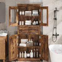 Mobiletto da bagno alto Garvee da 67" con 4 ante e cassetto in vetro per bagno e cucina, ripiani regolabili, marrone rustico, MDF, robusto e moderno