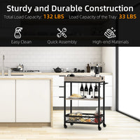 Carrello bar Garvee con 3 ripiani e portabottiglie, ruote con freni, vassoio rimovibile, metallo grigio, versatile per casa e feste