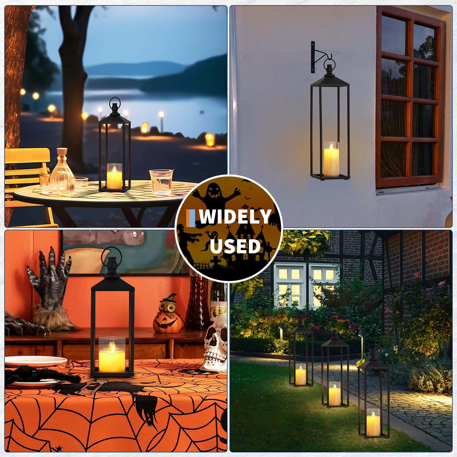 Garvee Set di 3 lanterne decorative in metallo con candele LED senza fiamma, nere, per uso interno ed esterno, giardino e terrazza, 22", 19", 17"