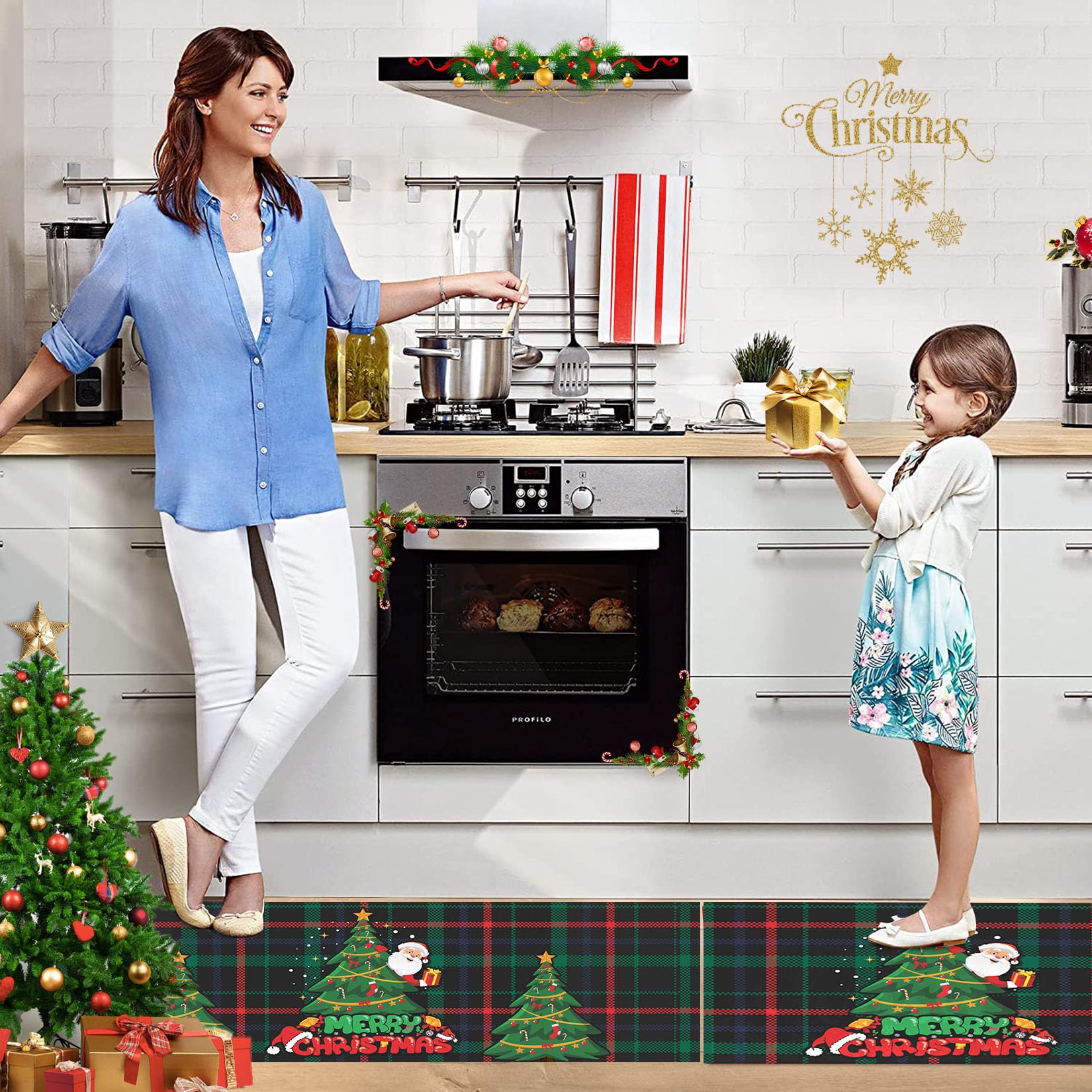 Tappetini da cucina Garvee a forma di albero di Natale e fiocchi di neve, set da 2, decorazione invernale antiscivolo, 40x60+40x120 cm, verde