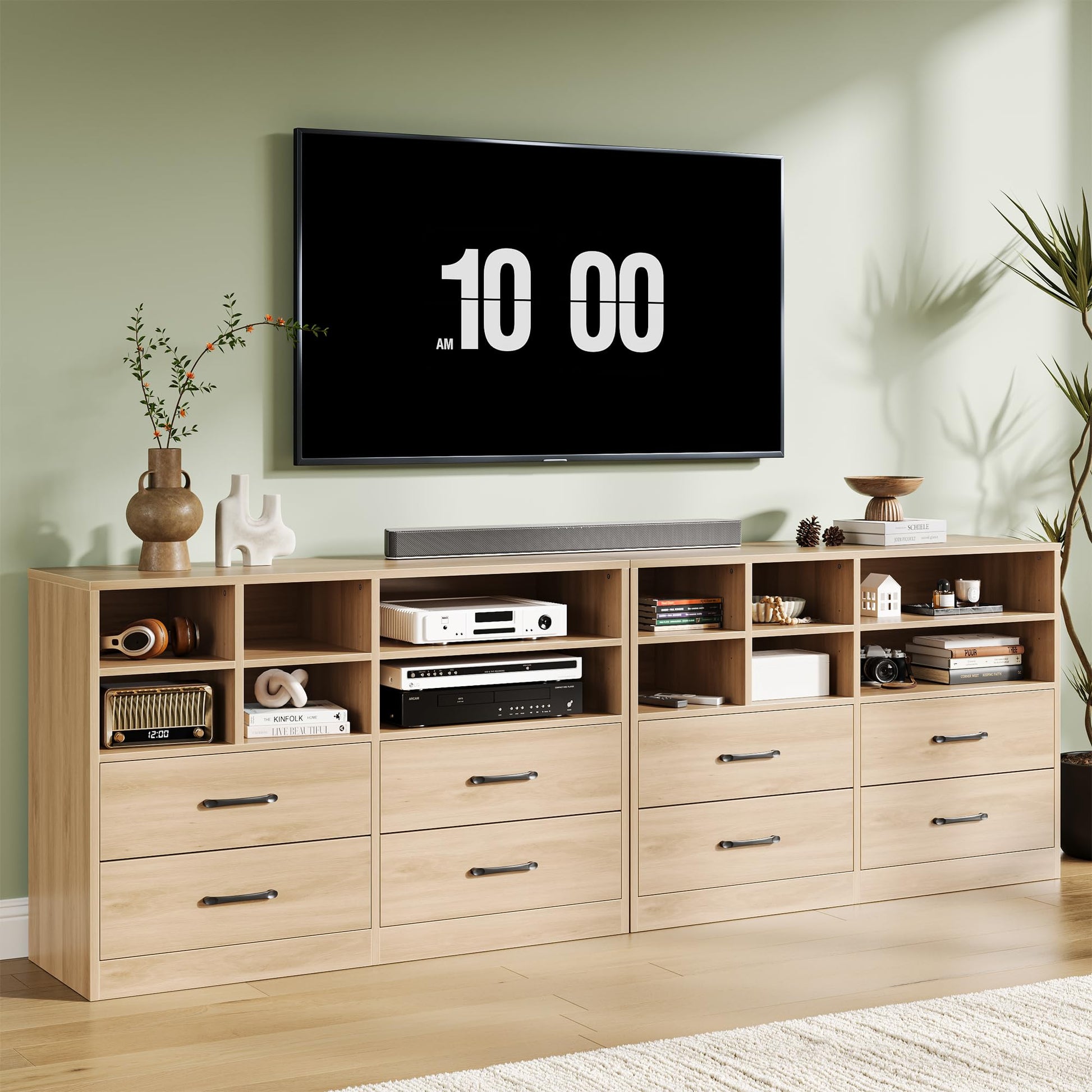 Cassettiera Garvee a 4 cassetti con 6 scomparti aperti, ripiani regolabili, legno MDF, mobile TV moderno per camera da letto e soggiorno, rovere, 47,24"L x 31,69"A