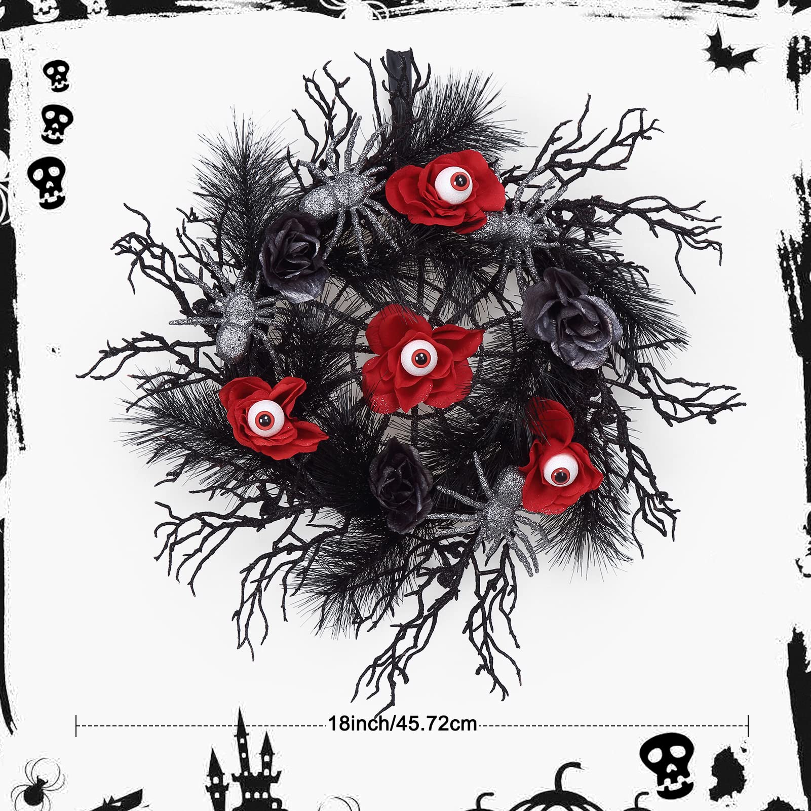 Ghirlanda per porta di Halloween Garvee da 18 pollici con ragni glitterati, rose rosse e nere, rattan nero naturale per uso interno ed esterno, 45 cm, nero