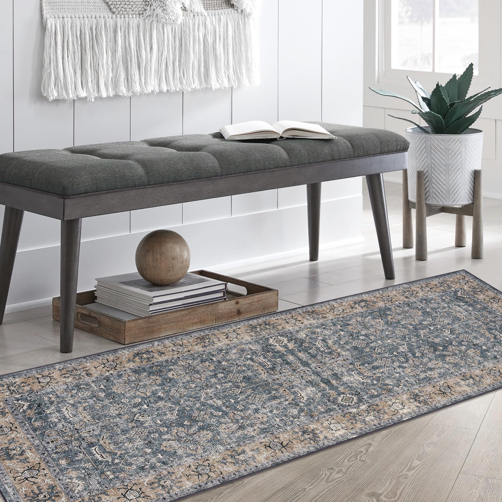 Tappeto lavabile Garvee 80 x 150 cm marrone-grigio cashmere-cotone boho vintage soggiorno sala da pranzo
