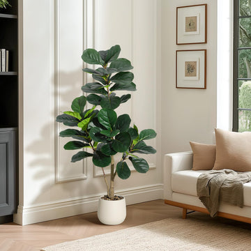 Albero artificiale di Ficus Lyrata Garvee da 4 piedi con 48 foglie, fioriera bianca da 7,8 pollici, base in cemento robusto per soggiorno e ufficio