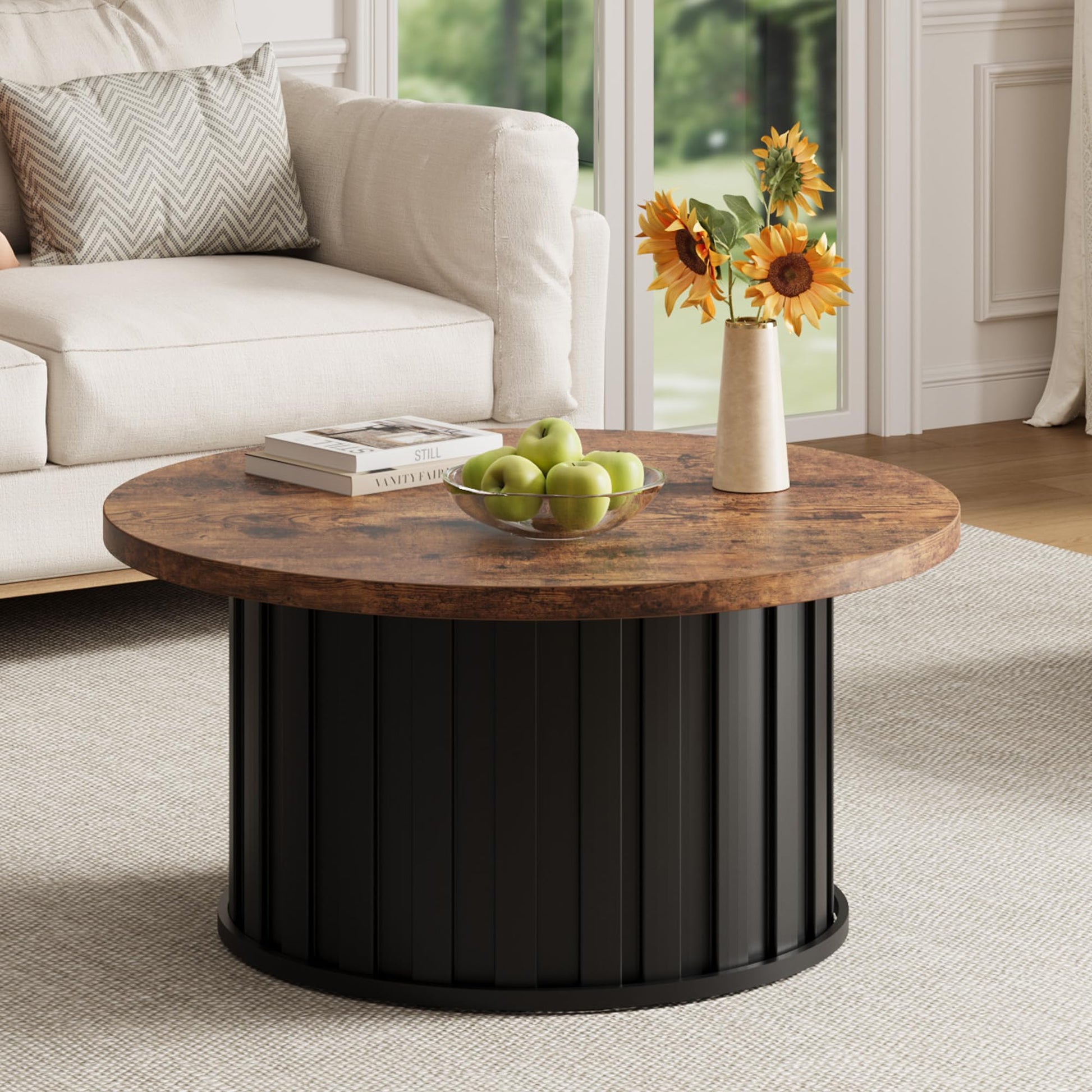 Tavolino da caffè rotondo Garvee Mid Century Modern con base in metallo, piano scanalato da 31,9" nero per soggiorno e ufficio