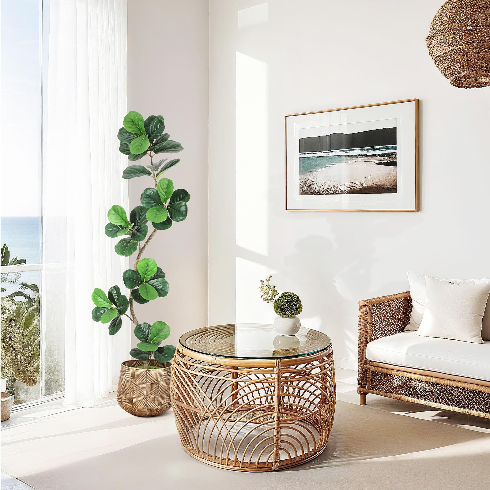 Albero di fico artificiale Garvee da 6 piedi con vaso bianco per soggiorno e ufficio, rami regolabili, resistente alle intemperie, foglie realistiche, decorazione in muschio