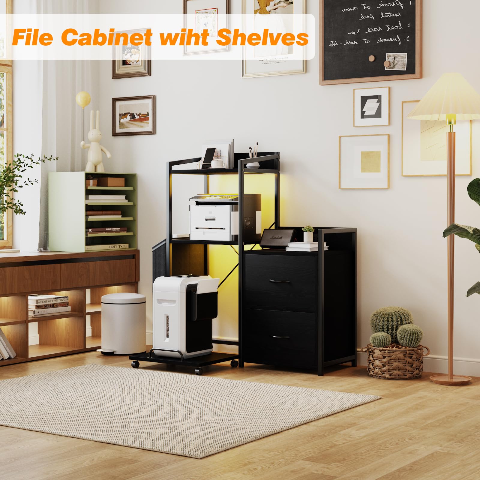 Mobiletto portadocumenti Garvee con strisce LED, mobiletto per ufficio con 2 cassetti e ripiano, tavolo per stampante per ufficio e casa, grande, nero