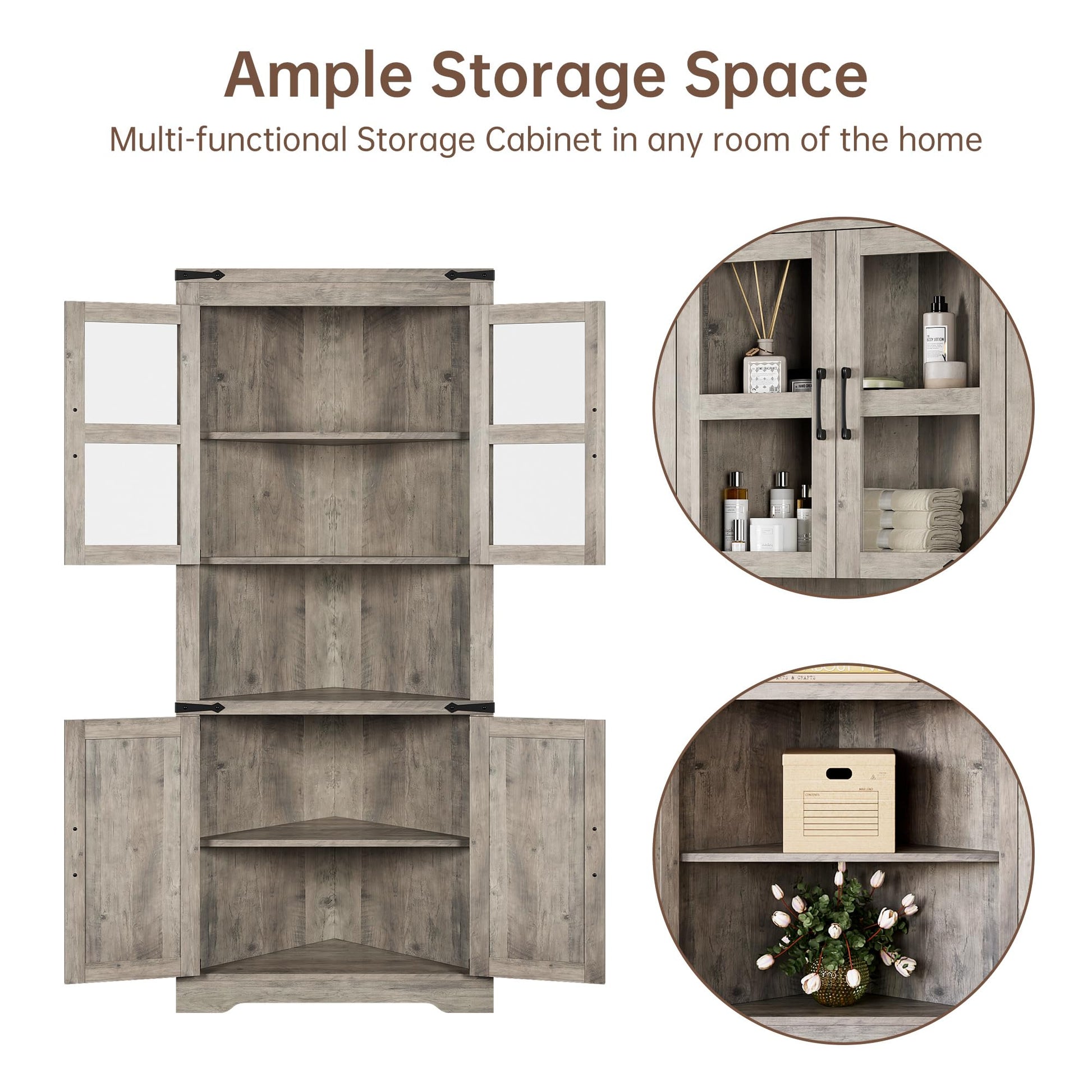 Mobiletto angolare alto Garvee in stile rustico con anta in vetro e ripiani regolabili per soggiorno e cucina, in legno impermeabile, salvaspazio, stabile, triangolare, bianco