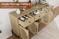 Credenza Garvee da 62 pollici con 3 cassetti e 4 ante in vetro per sala da pranzo e cucina, legno robusto, toni naturali, ripiani regolabili, dispositivo antiribaltamento