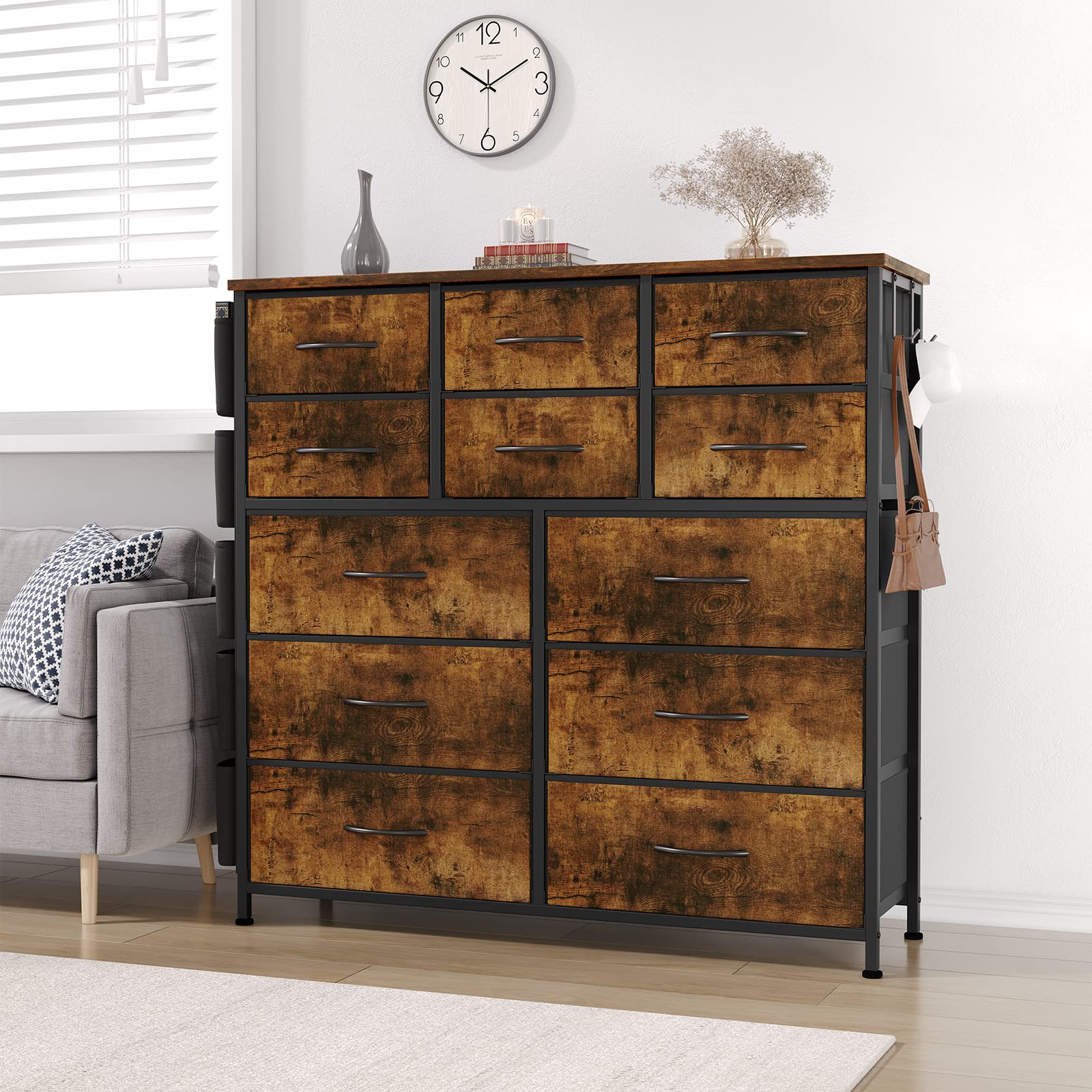 Cassettiera Garvee con 12 cassetti, tessuto, struttura in metallo, piano in legno, per camera da letto e corridoio, robusta