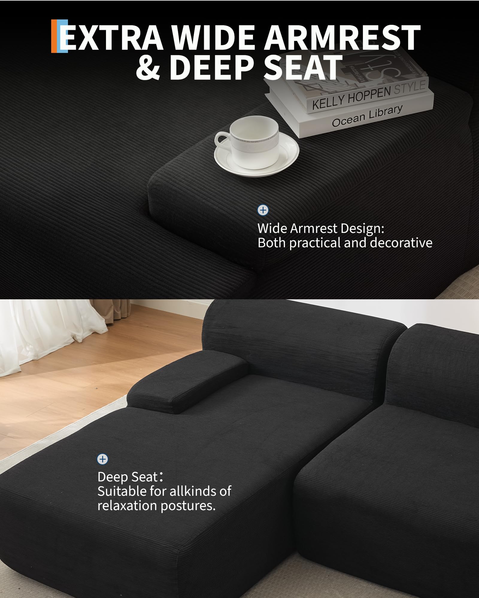 Divano componibile Garvee Cloud da 108" con chaise longue - Divano super soffice senza osso, velluto a coste ultra morbido, divano a L, accogliente, nero, soggiorno