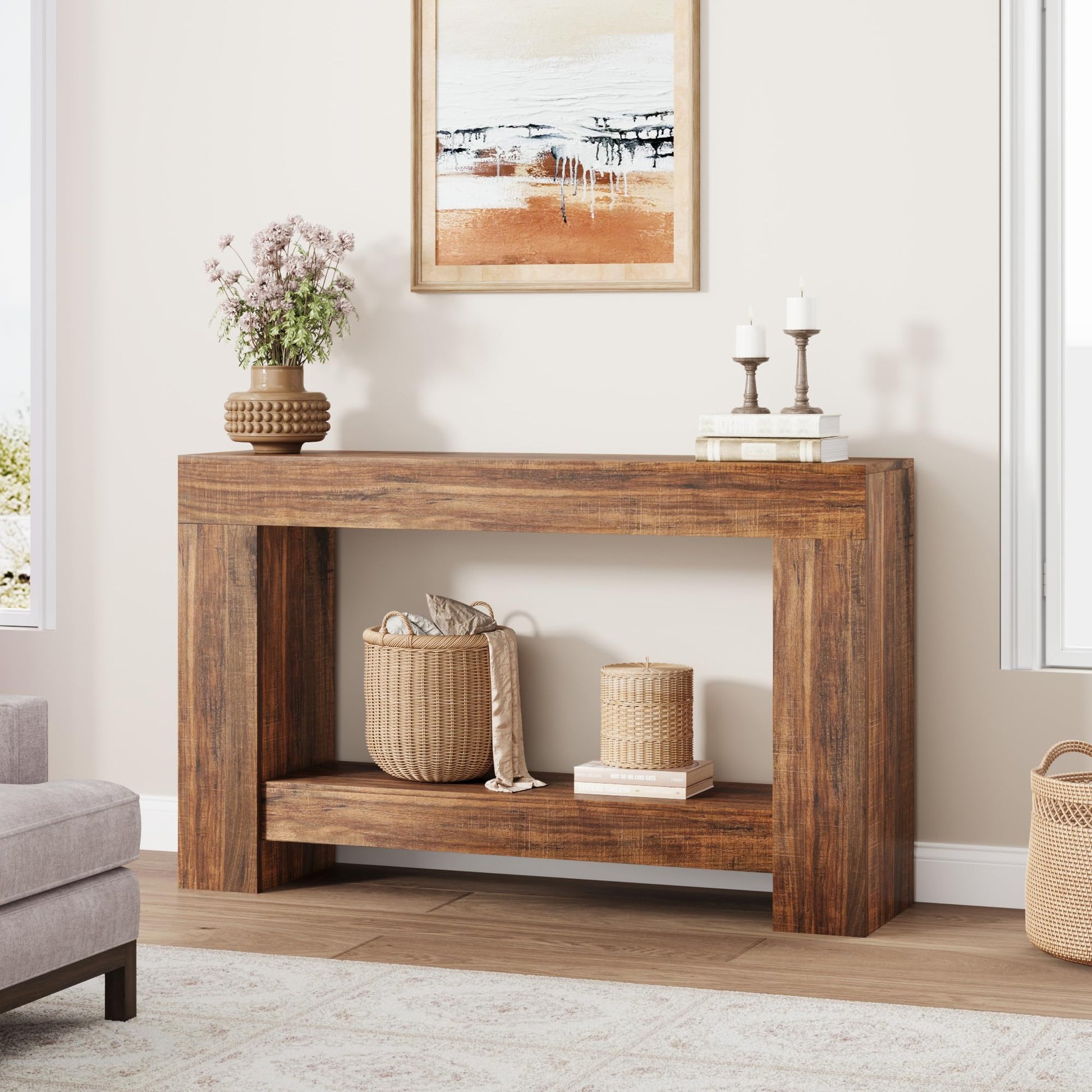 Tavolo consolle Garvee da 47" per corridoio con 2 ripiani, base in legno robusto, stile country, soggiorno e ingresso, marrone