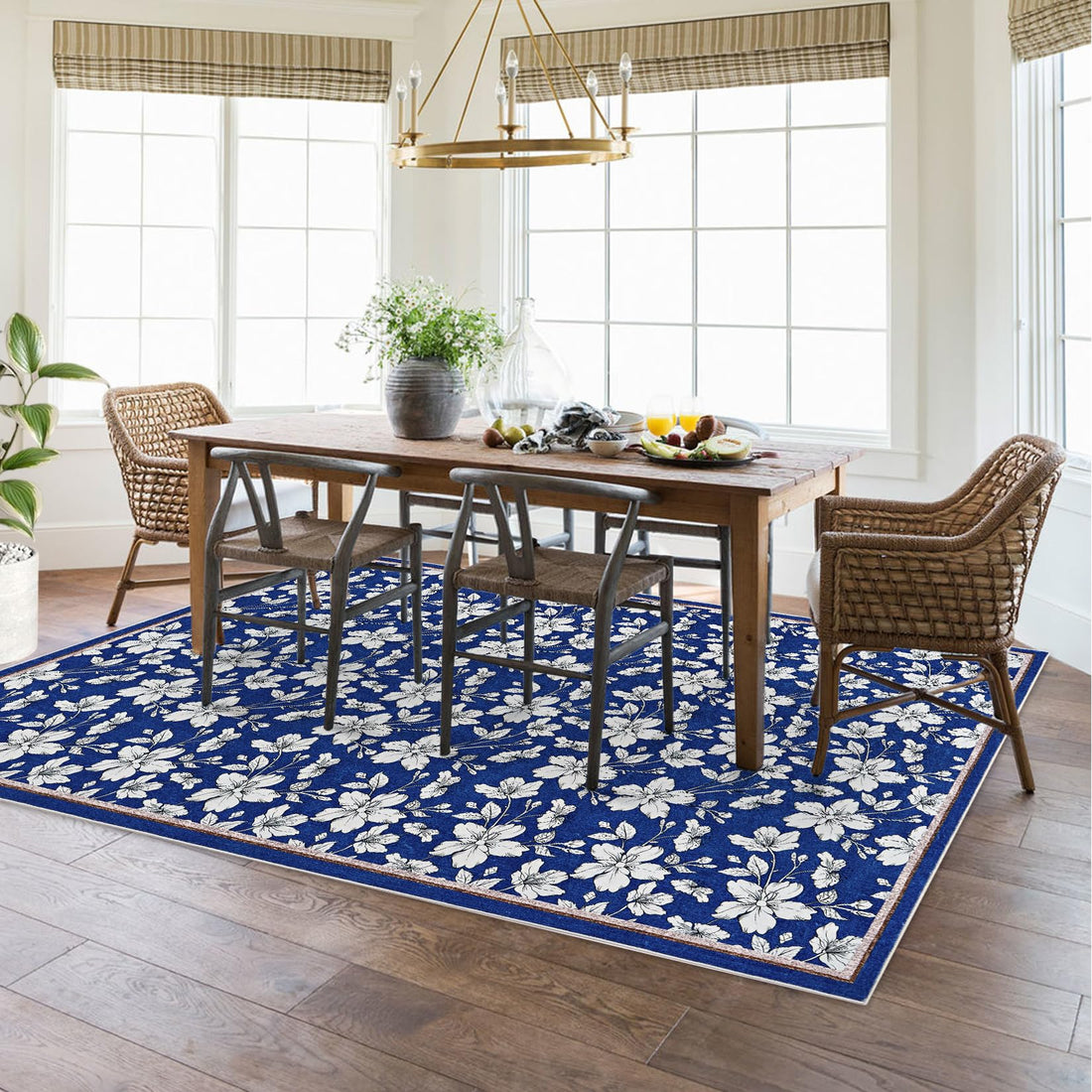 Tappeto Garvee lavabile per soggiorno con motivo floreale vintage, pelo corto, antiscivolo, morbido, grande, 160x230 cm, blu