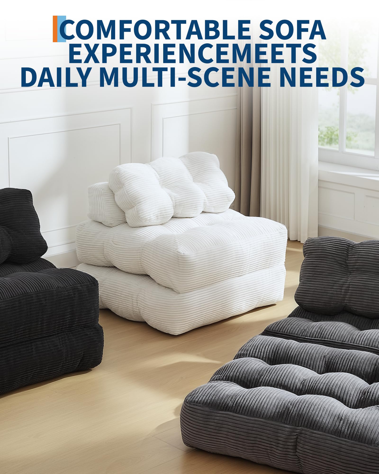 Divano letto pieghevole 3 in 1 Garvee con cuscini, materasso pieghevole, supporto per la guida, comoda seduta portatile, tessuto in velluto a coste, beige, per soggiorno e camera da letto