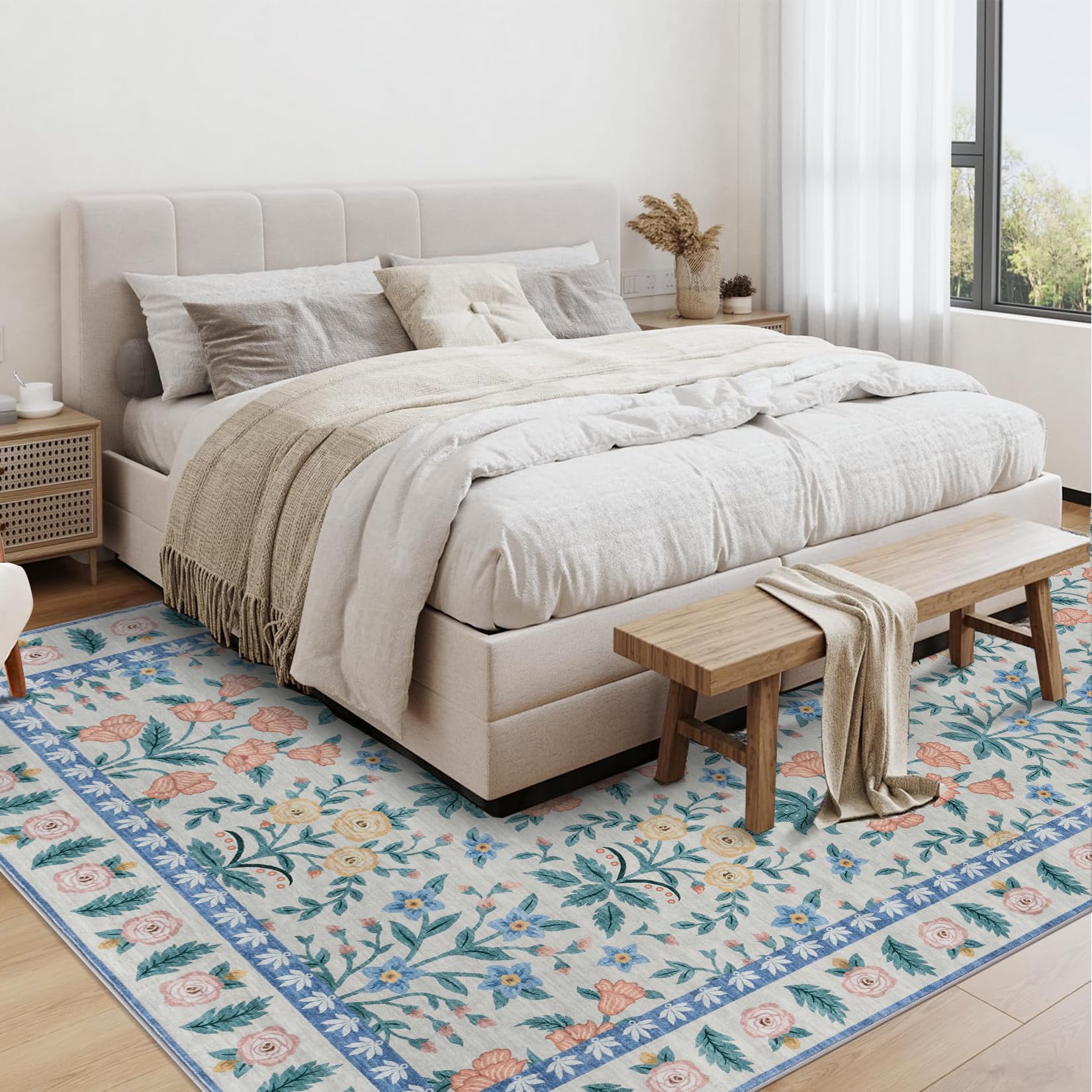 Tappeto Garvee Boho 160x230cm Nero Motivo Floreale Antiscivolo Pelo Corto Lavabile Soggiorno Sala Giochi