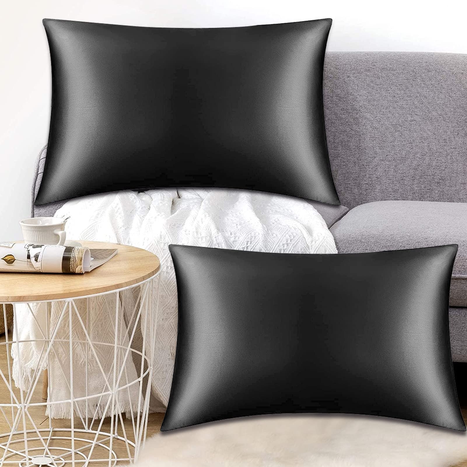 Garvee Housse De Coussin Lit Cuir Artificiel Moderne Fermeture Éclair Invisible 30x50cm Noir Pour Chambre Salon Canapé Voiture