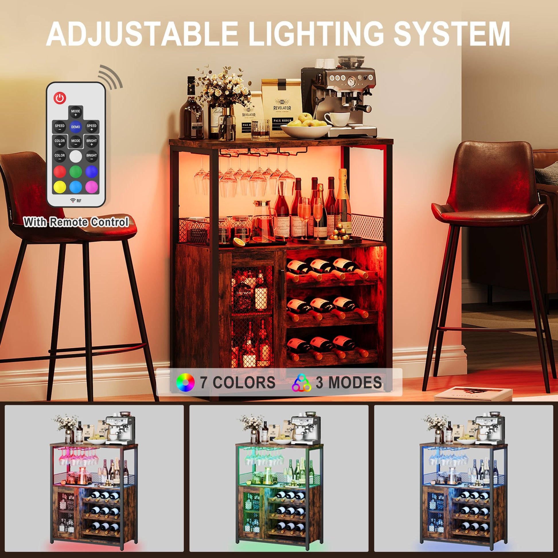 Mobile bar per vino Garvee con luce LED, ripiani regolabili, porta in rete per cucina e sala da pranzo, altezza 36,2", MDF e metallo, robusto, compatto